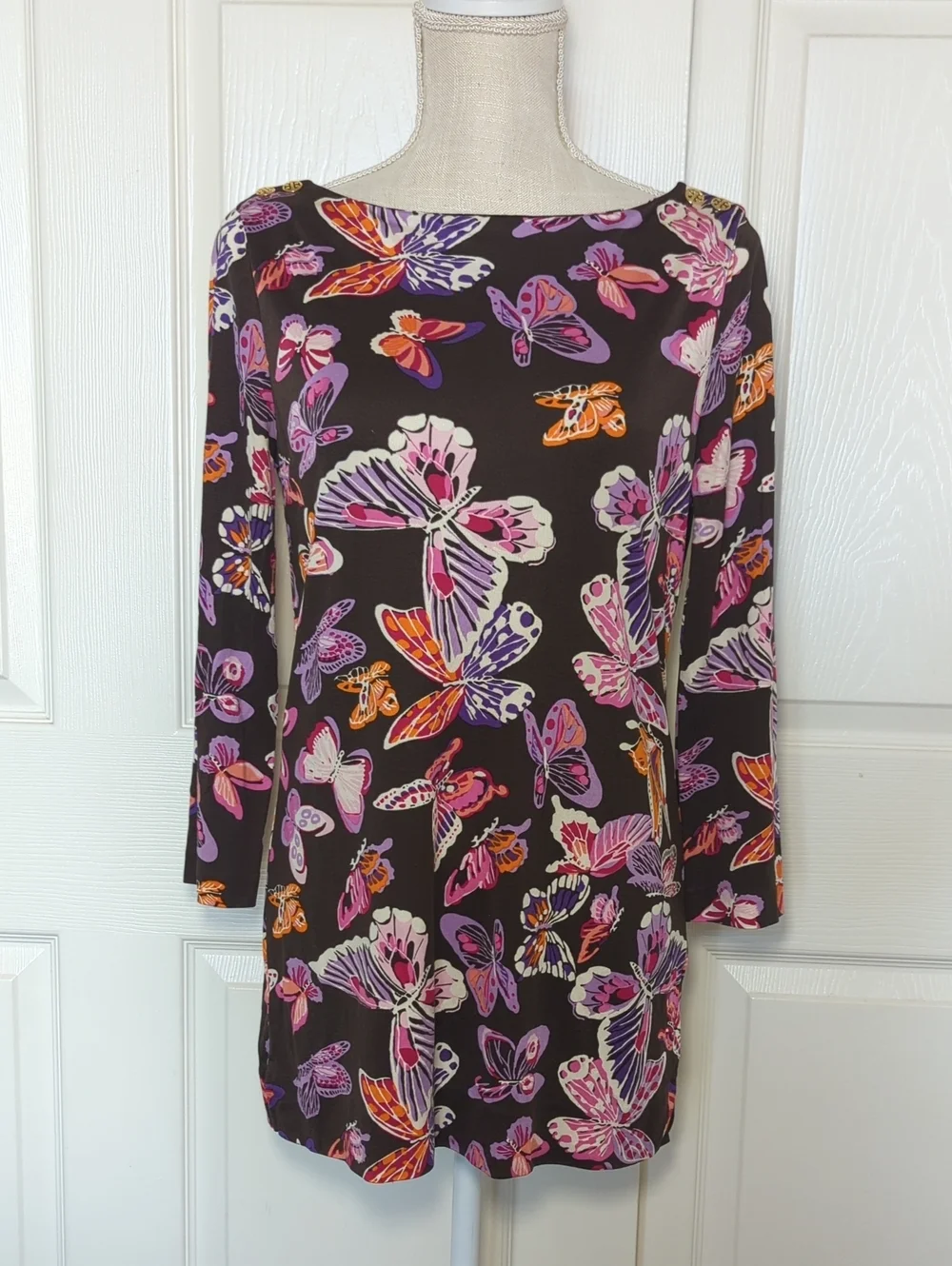 Tory Burch Silk Butterfly Print Long Sleeve Tunic - Brown with Pink & Purple